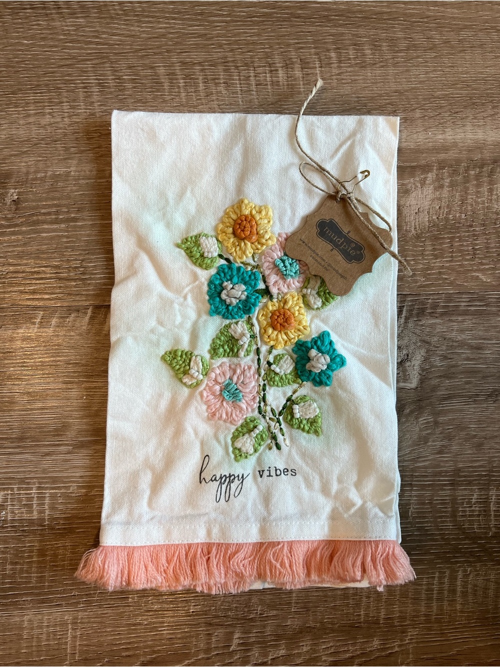 Mud Pie Happy Vibes White Floral Embroidered Hand Towel New